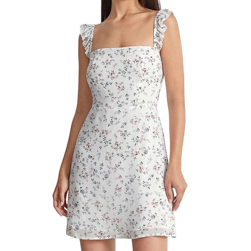NWT Commense White Floral Strap Ruffle Hem Shirred Back Sleeveless Short Dress
